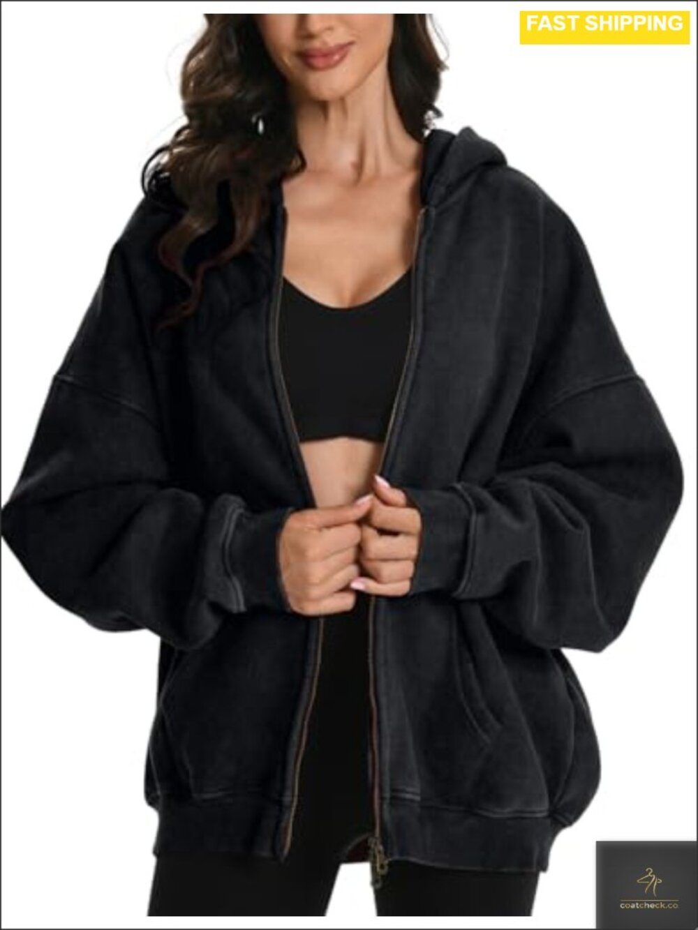 Unisex Oversized Acid Wash Zip Up Hoodie Heavyweight Cotton Fleece Distressed